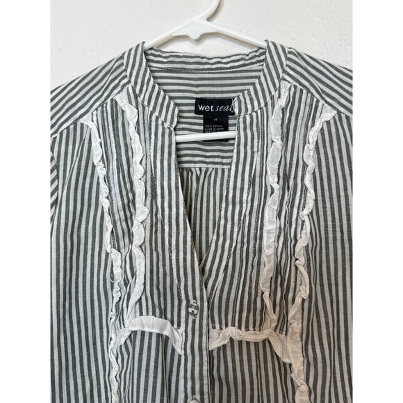 Wet Seal‎ Y2K 100% Cotton 3/4 Sleeve Tie Back Button Front Striped Blouse Gray M - Picture 3 of 6